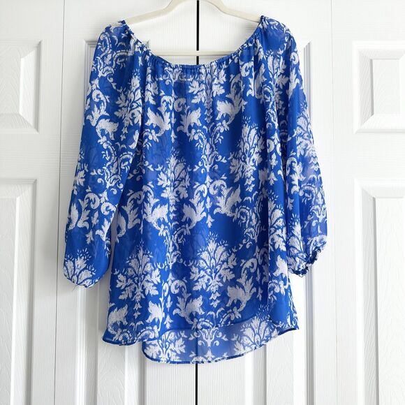 Show Me Your Mumu Blue White Peasant Blouse Small Sheer Boho Floral Top - Picture 1 of 8